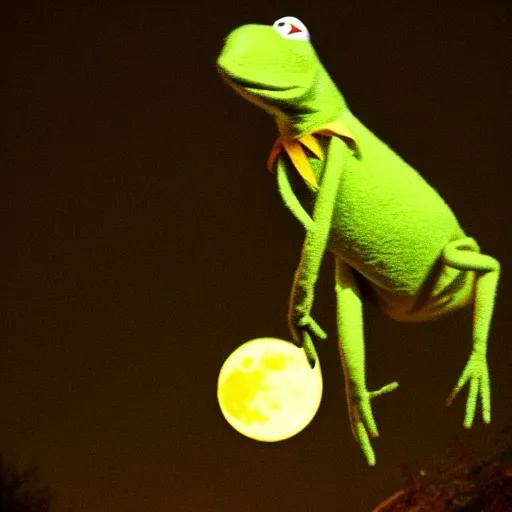 Prompt: kermit sad, full moon at night, photograph