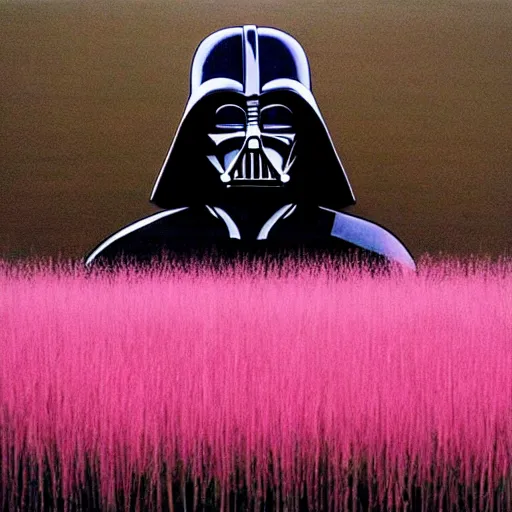 Prompt: darth vader standing in a field of pink grass, in the style of banksy