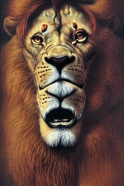 Image similar to portrait of a lion in the style of wayne barlowe, gustav moreau, goward, bussiere, roberto ferri, santiago caruso, luis ricardo falero, austin osman spare