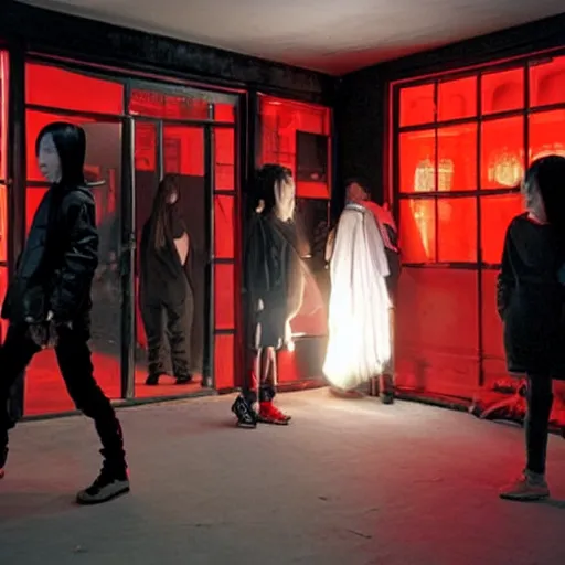 Prompt: a tiny nightclub with a few red chinese lanterns, a couple of modern subculture teenagers standing and talking to each other, wearing black modern clothes, designed by rick owens, hyperrealistic, extremely lifelike attributes & lifelike texture, hyperdetailed, colorful, by gregory crewdson