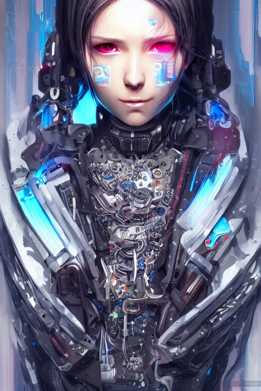 Image similar to Portrait of a cyberpunk cyborg , D&D, sci fi fantasy, intricate, richly detailed colored , art by Range Murata and Artgerm highly detailed, digital painting, trending on artstation, sharp focus, illustration, style of Stanley Artgerm,