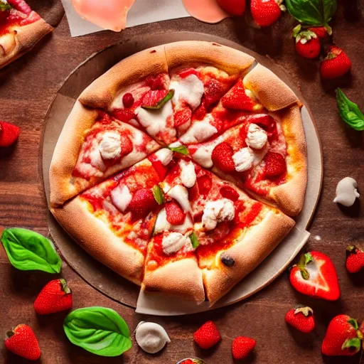 Prompt: a pizza with strawberry and ice cream toppings, 8k, trending on artstation, professional photography