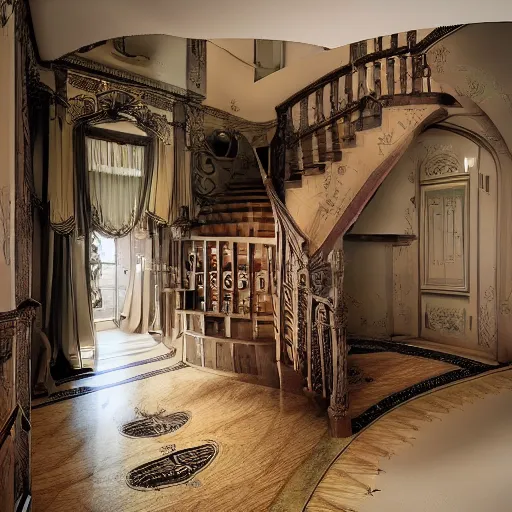 Image similar to A stunningly beautiful award-winning 8K dutch angle cinematic movie photograph looking up a staircase toward the room of the first female Catholic priest possessed by a demon. perfect composition, moody low key. Color palette from Seven, greens yellows and reds. 2 point perspective. Octane render