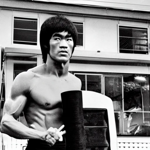 Image similar to 8 k portrait photograph of bruce lee standing in front of a wafflehouse