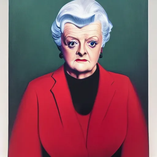 Prompt: very detailed and attractive portrait of dame angela lansbury backlit with an ominous red glow, painted by rene magritte