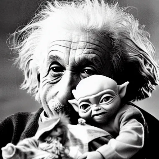 Image similar to sweet photo of Einstein holding baby yoda on his arm