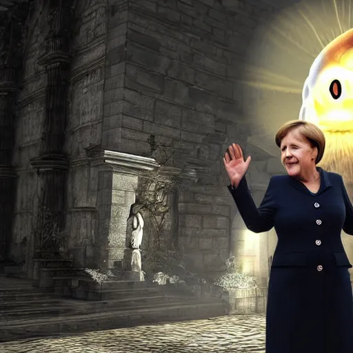 Image similar to Angela merkel praising the sun in Dark Souls, photo