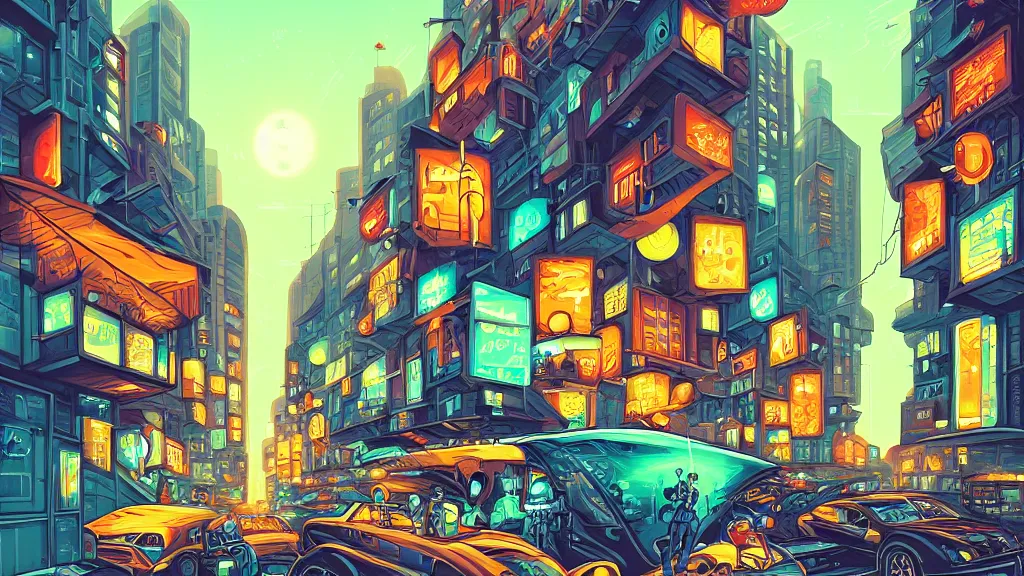 Image similar to street view of the city at night by cyril rolando and naomi okubo and dan mumford and zaha hadid. robots. flying cars. advertisements. neon. night train.