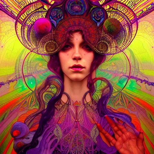 Image similar to An extremely psychedelic experience of the third eye opening, colorful, surreal, dramatic lighting, magic mushrooms, psilocybin, LSD, face, detailed, intricate, elegant, highly detailed, digital painting, artstation, concept art, smooth, sharp focus, illustration, art by Krenz Cushart and Artem Demura and alphonse mucha