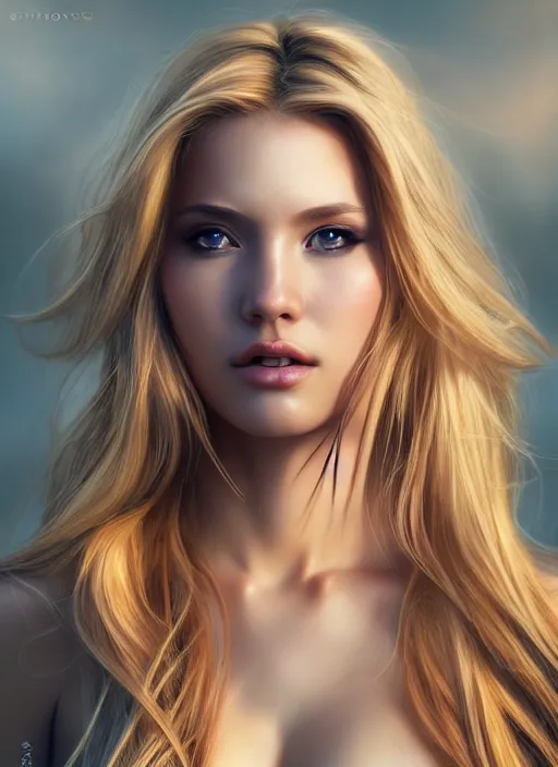 Image similar to photo of a gorgeous female with long blonde hair in the style of stefan kostic, realistic, full body shot, wide angle, sharp focus, 8 k high definition, insanely detailed, intricate, elegant, art by stanley lau and artgerm, floating embers