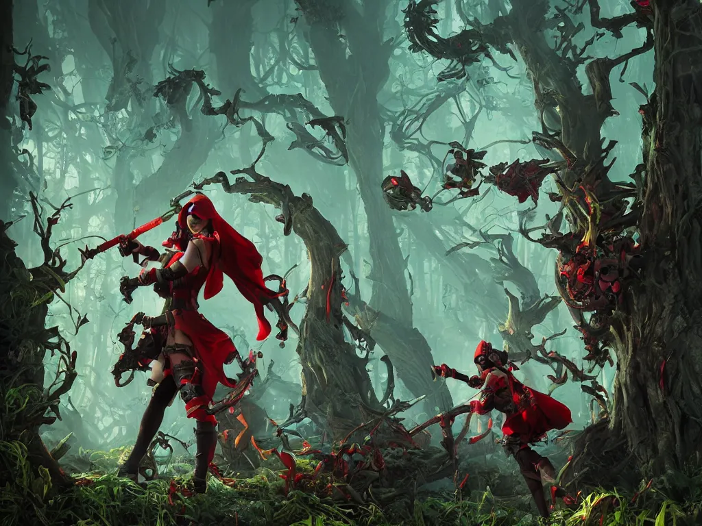 Prompt: red ridding hood and gamemaster unit hunting for mystical forest monsters. all wearing a steampunk and neonpunk mechanical fluorescent mystical animal masks. realistic fornite style. full body. product introduction photos. luminescent, elements, by tooth wu and wlop and beeple and greg rutkowski. epic cinematic shot, perfectly defined features, ambient occlusion