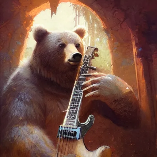 Image similar to realistic bear playing fantastic angularly guitar, fantasy character portrait by Greg Rutkowski, Craig Mullins, Gaston Bussiere