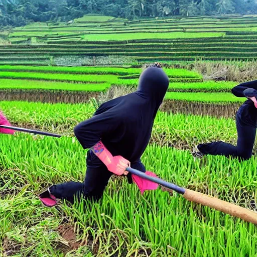 Image similar to ninja training in a rice fields fighting with a giant monster lobster