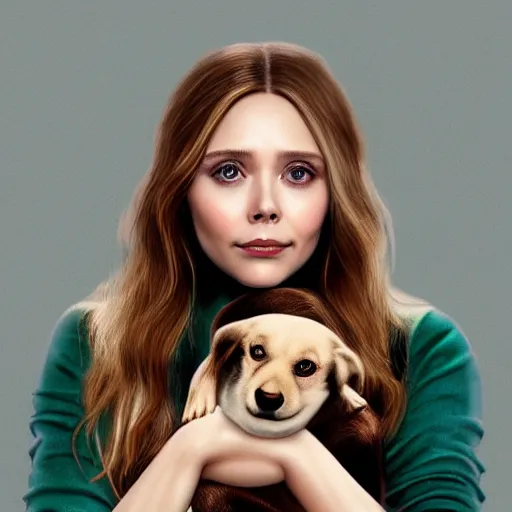 Prompt: Elizabeth Olsen holding a dog in her hands, photorealistic, 4k, 8k, trending on artstation