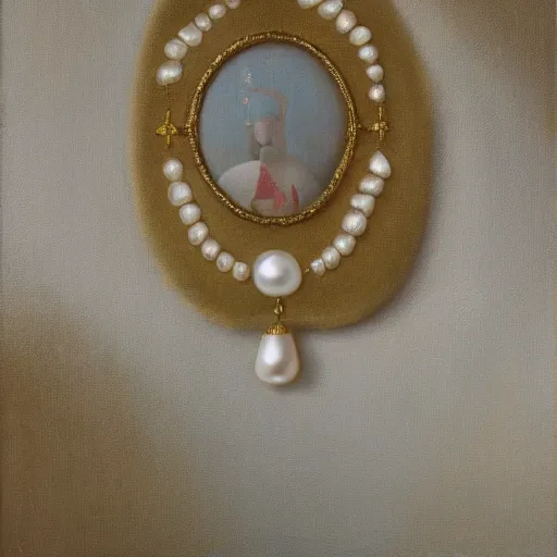 Image similar to medium shot studio photo of ancient natural pearl necklace on velvet, highly detailed, sharp focus, studio lighting, oil painting by Vermeer,
