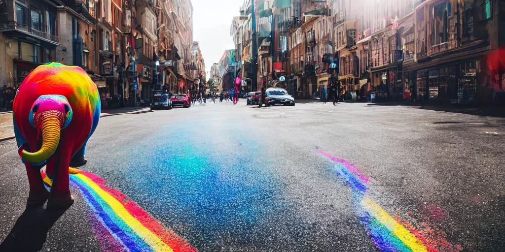 Prompt: low angle wide shot, street scene, rainbow elephants walking on the street, volumetric lighting, beautiful, day time, spring, sunny weather, sharp focus, highly detailed, photorealistic, 4 0 0 0 k, f 1. 4, cgsociety