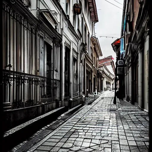 Prompt: streets of sofia bulgaria, afternoon, moody lighting, in the style of giorgio de chirico