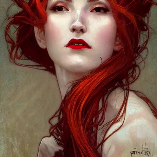 Prompt: portrait of a menacing beautiful vampire, face only, by Stanley Artgerm Lau , greg rutkowski, thomas kindkade, alphonse mucha, loish, norman rockwell, J. C. Leyendecker. red hair, pale skin, sinister complexion, beautiful detailed eyes, detailed mouth, rose. D&D, fantasy. Trending on artstation rule of thirds extremely detailed illustration hd 4k