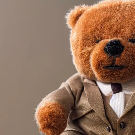 Prompt: a picture of a teddybear in a suit, inspirational, 4K, depth of field
