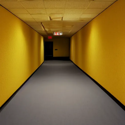 Image similar to a photo of an empty hallway with brown carpet, fluorescent lights and walls with yellow wallpaper on them