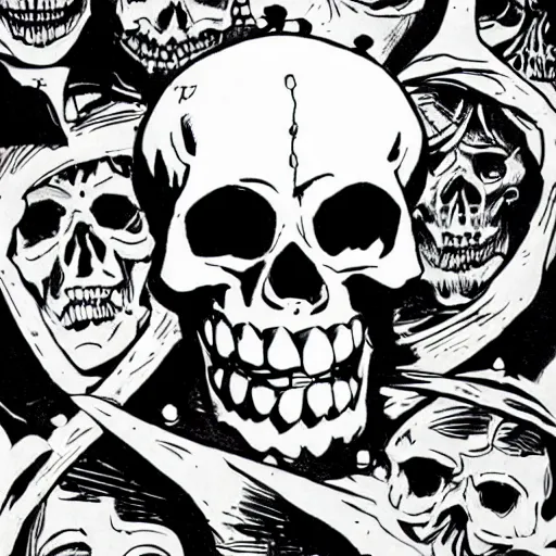 Prompt: A laughing skull. Center, Close Up Shot, Dark Fantasy, Film Noir, Black and White. High Contrast, Mike Mignola, D&D, OSR