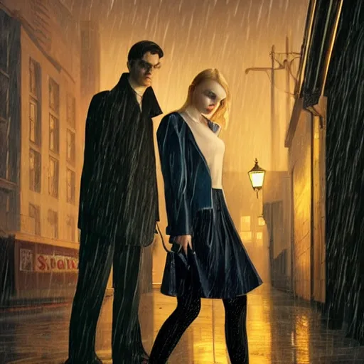 Prompt: Elle Fanning in Vampire Masquerade in the world of Edward Hopper, stormy snowy weather, streetlights, extremely detailed masterpiece, oil on canvas, low-key neon lighting, artstation, Blade Runner 2049, Roger Deakin’s cinematography, by J. C. Leyendecker and Peter Paul Rubens,