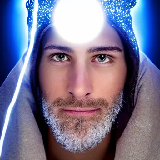 Prompt: a male wizard, glowing, frontal view, cool looking, high resolution