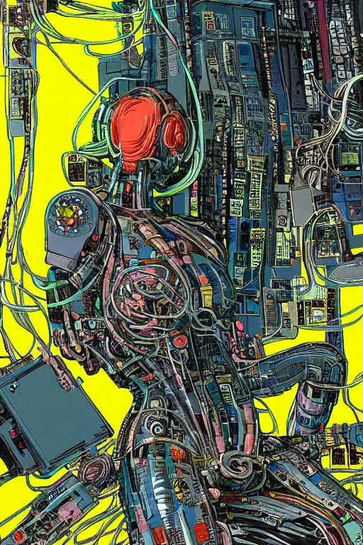 Image similar to an hyper-detailed cyberpunk illustration of a female android seated on the floor in a tech labor, seen from the side with her body open showing cables and wires coming out, by masamune shirow, and katsuhiro otomo, japan, 1980s, centered, colorful