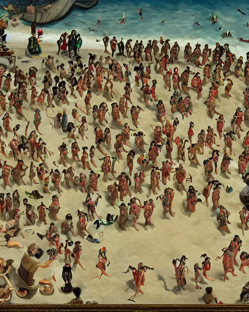 Image similar to the gigantic unconscious body of lemuel gulliver lies on a beach surrounded by hundreds of tiny lilliputians, some standing on him. gulliver is being tied to the beach with hundreds of robes being held down by the lilliputians, the scene is cinematic and hyperreal