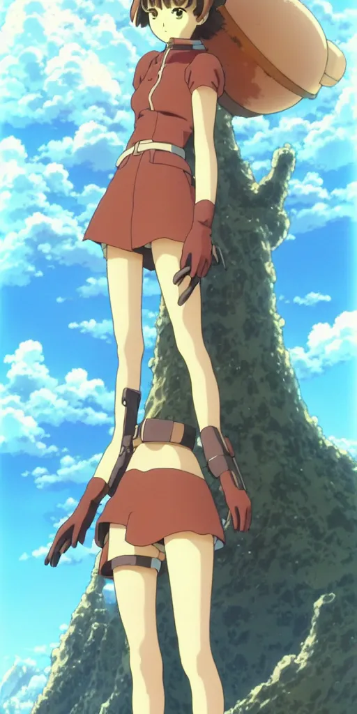 Image similar to anime art full body portrait character nausicaa by hayao miyazaki concept art, anime key visual of elegant young female, short brown hair and large eyes, finely detailed perfect face delicate features directed gaze, valley and mountains background, trending on pixiv fanbox, studio ghibli, extremely high quality artwork by kushart krenz cute sparkling eyes