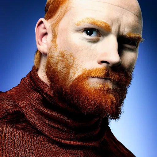 Image similar to photograph of a ginger male, middle aged balding superhero