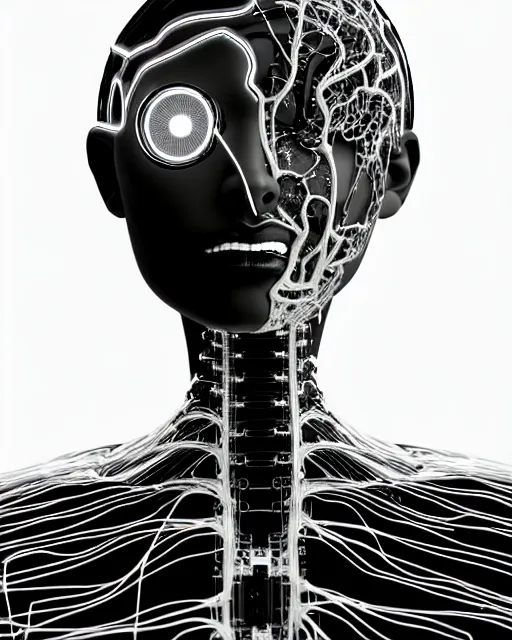 Image similar to black and white cyborg - plant goddess high quality photo, microchip, artificial intelligence, bio - mechanical bio - luminescence, black wired cables, neurons, nerve cells, cinematic, rim light, photo - realistic, high detail, 8 k, masterpiece, high fashion, in the style of steven meisel dora maar h. g. giger