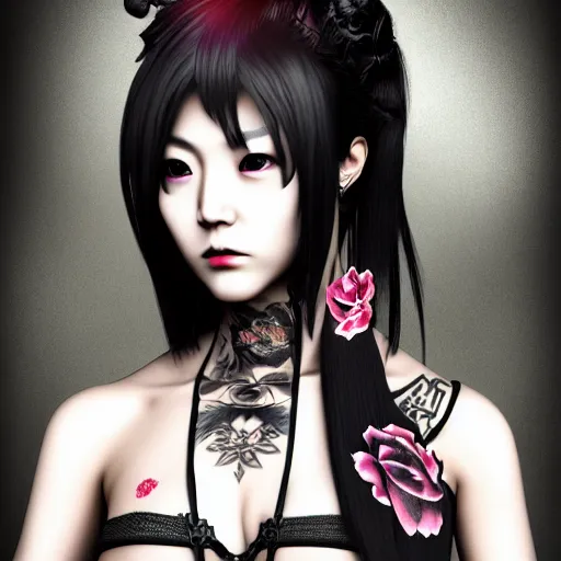 Image similar to japanese gothic model with maximalist hair style and kanji tattoos, dark colors, fashion model, portrait shot, depth of field, 8 k, hyper detailed, intricate, trending on artstation