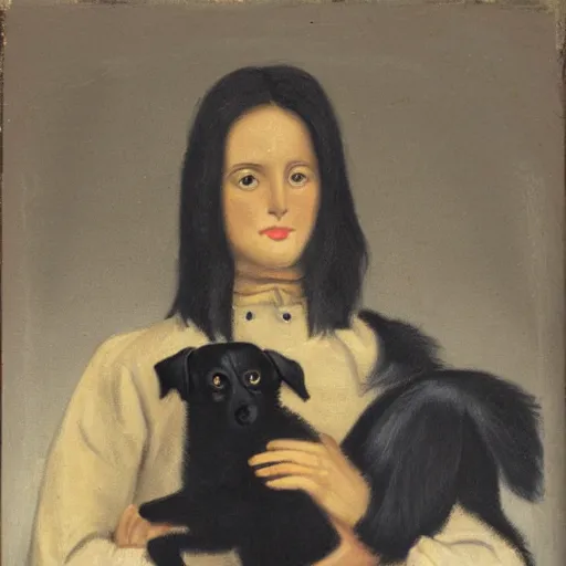 Prompt: a young woman holding a black dog