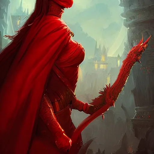 Image similar to a woman in red, she wears a golden mask os dragon, epic fantasy digital art, fantasy style art, by Greg Rutkowski, fantasy hearthstone card art style