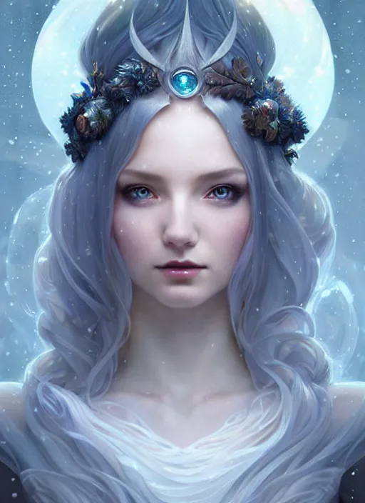 Prompt: a beautiful cinematic female winter goddess, cristal dress, ice wing, galatic shamen with quantum energy fantasy, fantasy magic, undercut hairstyle, dark light night, intricate, elegant, sharp focus, illustration, highly detailed, digital painting, concept art, matte, art by wlop and artgerm and greg rutkowski and alphonse mucha, masterpiece