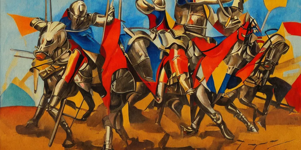 Image similar to futurism style painting of medieval knights jousting