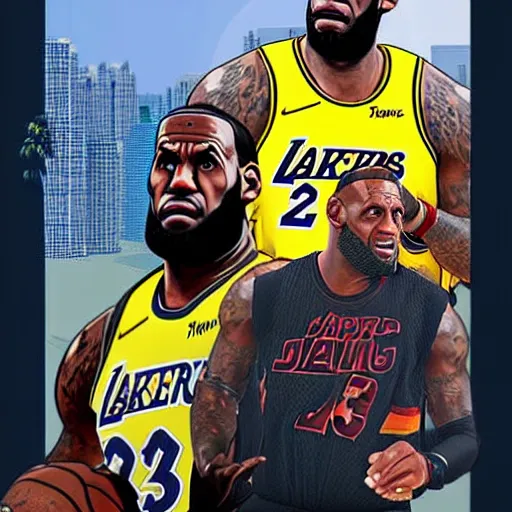 Image similar to happy lebron james, gta v cover art, art by stephen bliss, matte painting