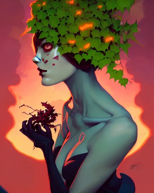 Image similar to peter mohrbacher, joshua middleton, phil noto comicbook cover art, artgerm, emma stone poison ivy, vines, symmetrical eyes, city rooftop