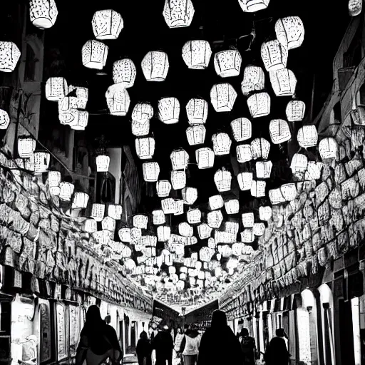 Image similar to arabic lantern bazaar, award winning black and white photography