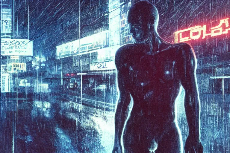 Image similar to roy batty with a bare torso sits in the lotus position with his head bowed in the rain on the roof of a building in the cyberpunk future, around neon signs, a little haze, night, realistic proportions, anime style ghost in armor