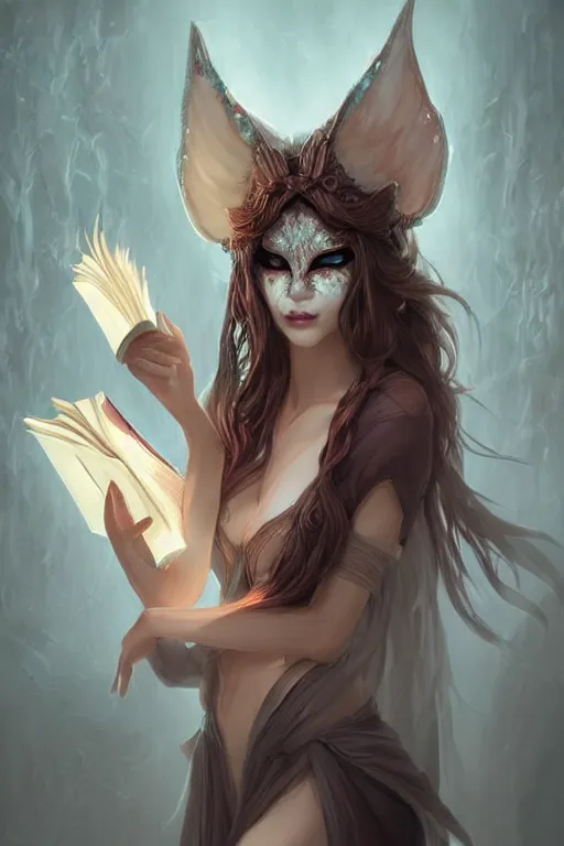 Prompt: gorgeous!!! hyper - realstic sorceress with a kitsune mask, holding a tattered book, casting a spell | drawn by wlop, drawn by jeehyung lee, drawn by artgerm | intricate, highly detailed, digital painting, character design, concept art, illustration, artstation