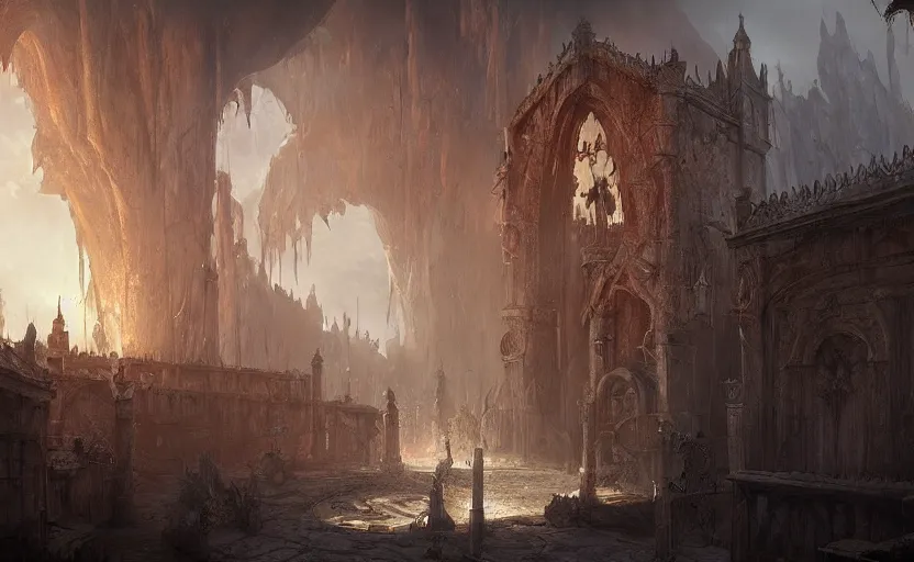 Prompt: a demonic magical ethereal portal to hell. in a medieval fantasy mediterranean town. dark fantasy matte painting by eddie mendoza and eytan _ zana