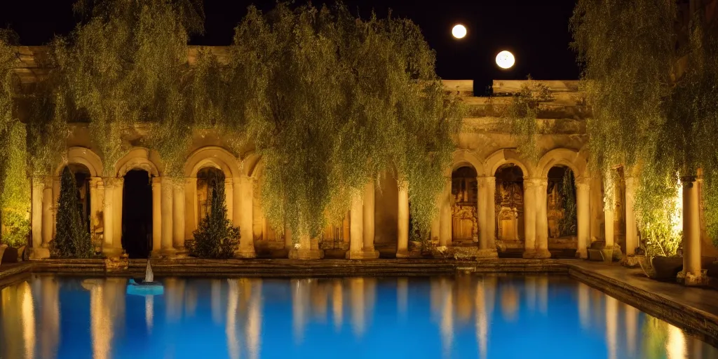 Prompt: photo of beautiful courtyard under moonlight, art deco and baroque aesthetic, large glowing moon, pool with rippling reflections, weeping willows and flowers, hellenistic sculptures, romantic, archdaily,