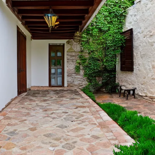 Image similar to paved porch with staircase on the left that goes to the first floor in an italian courtyard