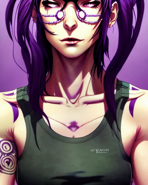 Image similar to a portrait of revy from black lagoon, black tank top, jean shorts, brown eyes, purple hair, tribal tattoos right arm sleeve, symmetrical eyes, symmetrical face, art by lois van baarle and loish and ross tran and rossdraws and sam yang and artgerm