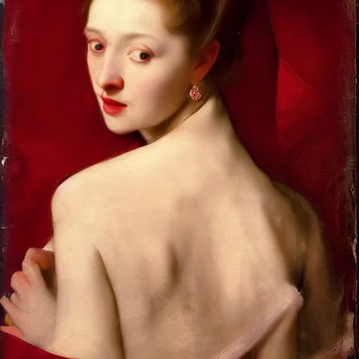 Prompt: sublime portrait of a woman in a rich red satin dress, very pale, graceful, Vermeer, Bouguereau, Van Dyck, Ingres, Rubens, Carolus-Duran, strong dramatic cinematic lighting, 17th-century, classic beauty, extremely detailed, dark background