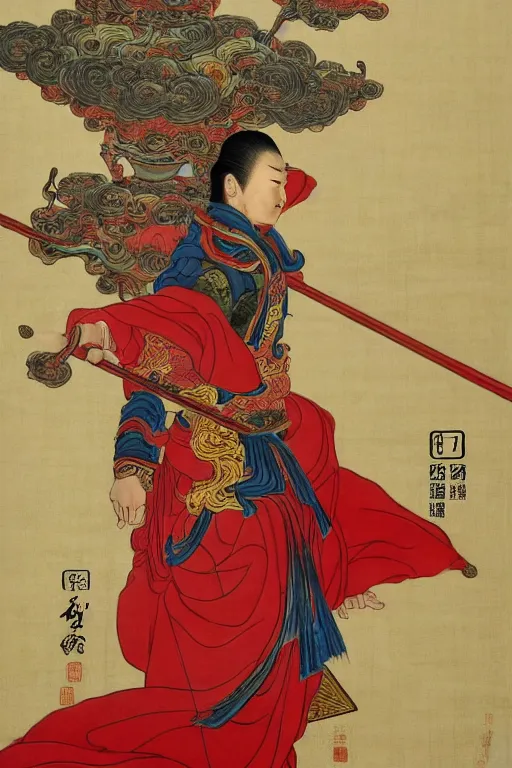 Image similar to a masterpiece portrait of legendry nezha flies riding on the wind fire wheels across the sea, water everywhere, chinese mythology, side view, red cloth around his shoulders, hold spear, cinematic, fantasy character portrait, highly detailed, by ne zha ( 2 0 1 9 ), fenghua zhong