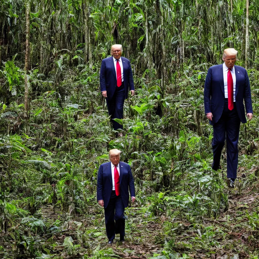 Prompt: Donald trump walking in amazon forest,