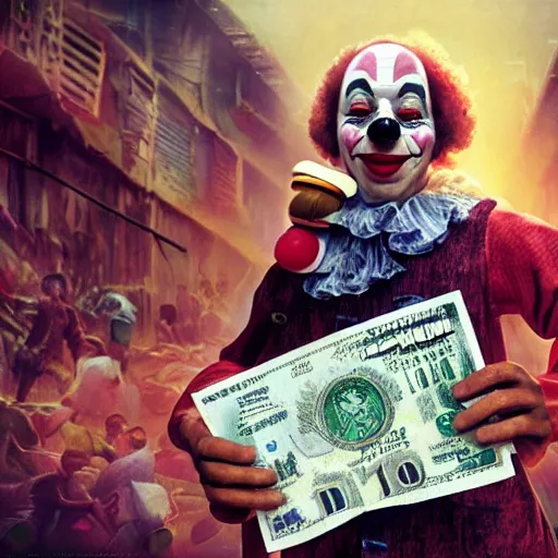 Image similar to A clown holding a dollar banknote, background is a slum, artstation, cgsociety, masterpiece, highly-detailed, inspiring, cinematic, epic